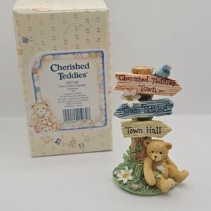 New Enesco Cherished Teddies Town Tattler Signage CRT109 1995 Box Bear Sitting